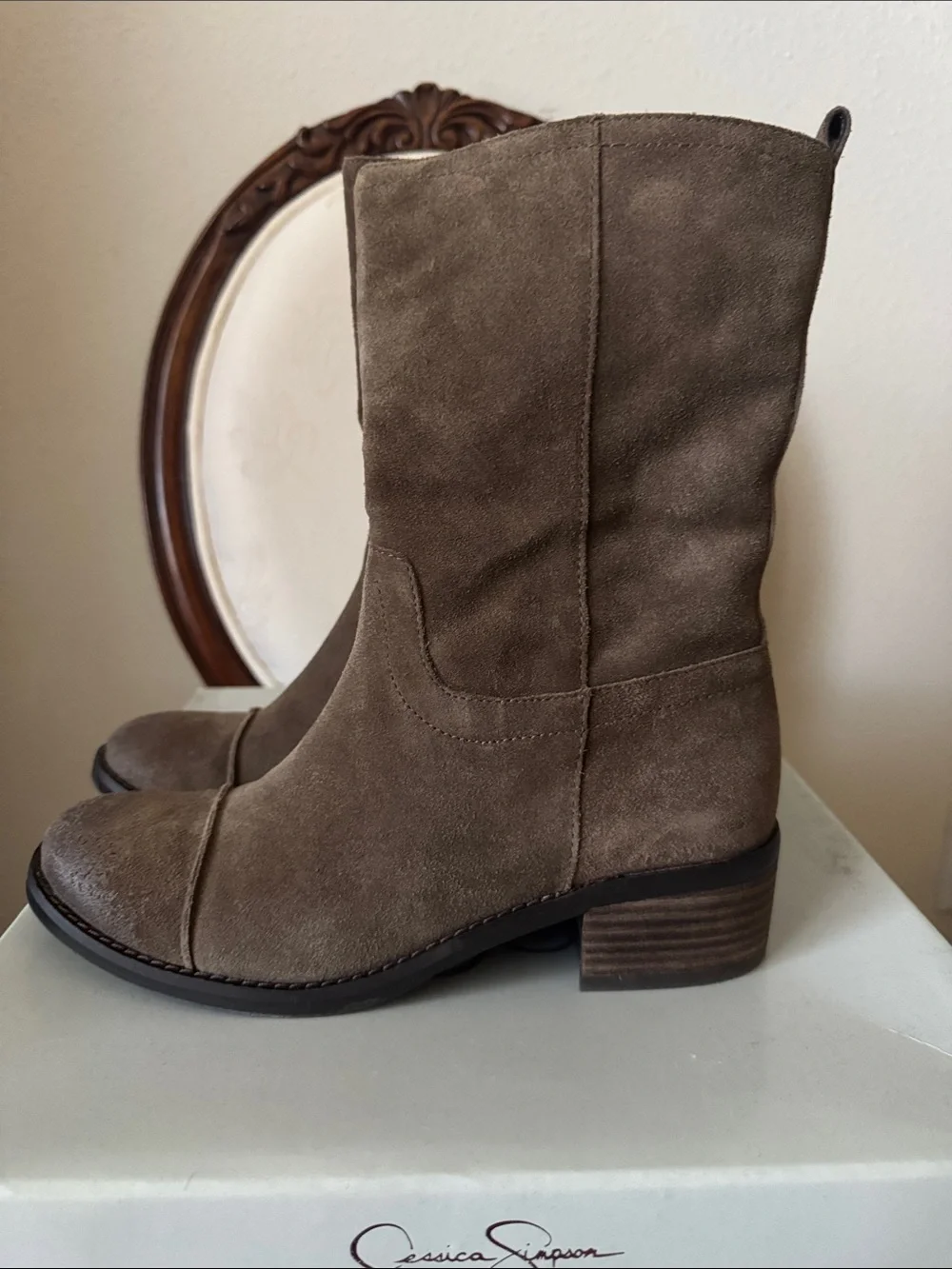 Jessica Simpson Taupe Suede Mid-Calf Heeled Boots